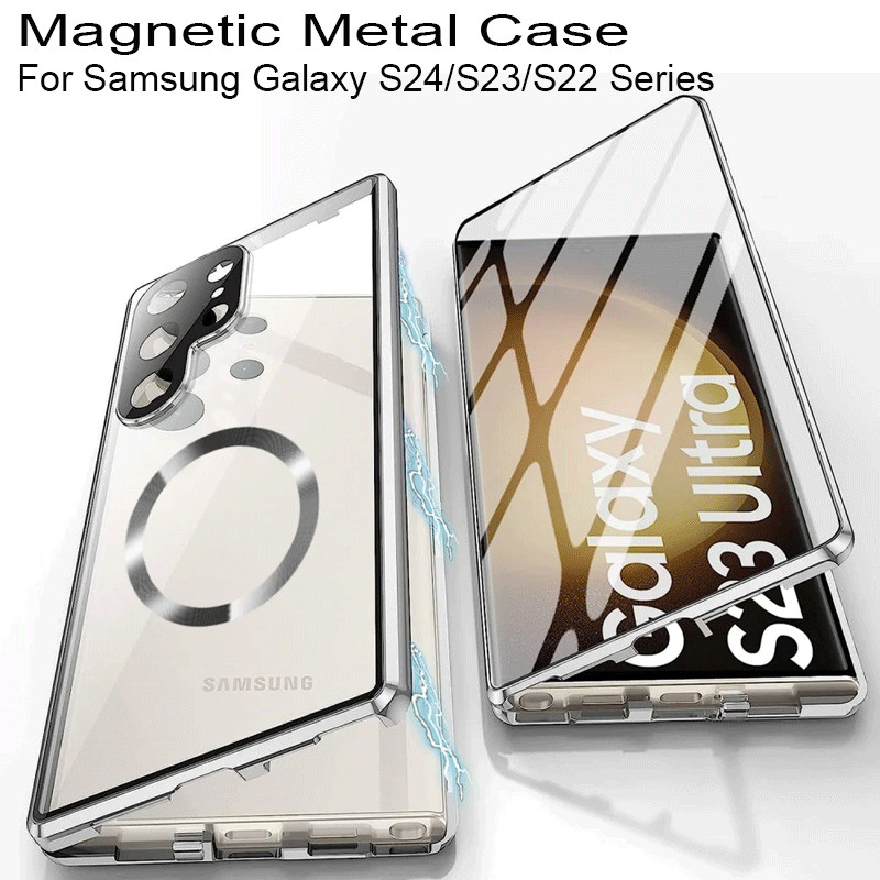 เคสโทรศัพท์มือถือ PC กระจกนิรภัย แบบฝาพับแม่เหล็ก ป้องกัน 360 องศา สําหรับ Samsung Galaxy S24 Ultra S23 FE S24 S23 Plus S22 Ultra S21Ultra