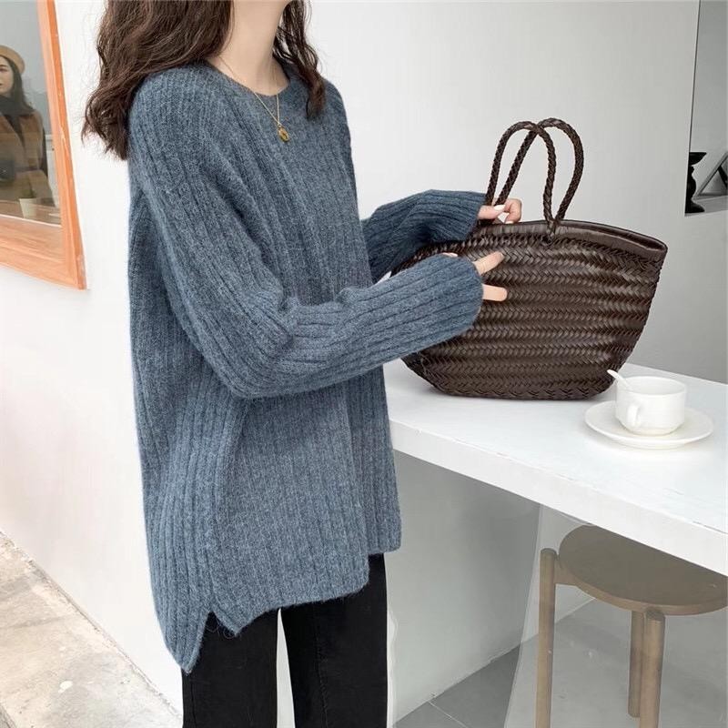 เสื้อกันหนาวแขนยาว ผ้าถัก ทรงหลวม ยืดหยุ่น สีพื้น สําหรับผู้หญิง