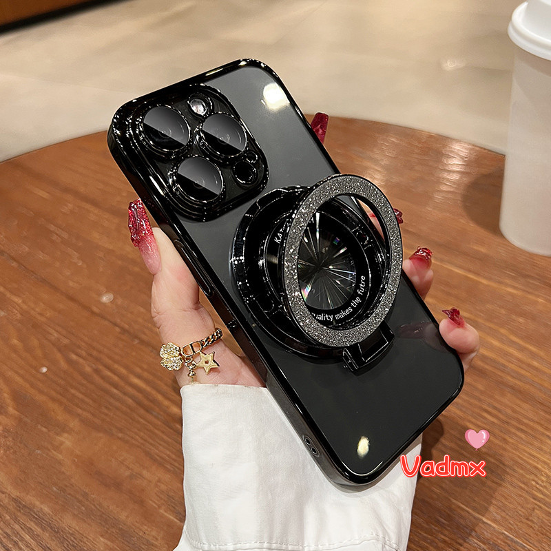 Bling สําหรับ Vivo X100 X90 X80 X70 X60 X50 X30 X27 Pro Plus โปร ่ งใสเคสโทรศัพท ์ Glitter Magnetic Holder Stand Case Clear Cover