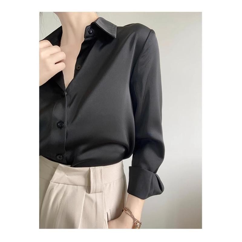 เสื้อเชิ้ตลําลอง ผ้าซาติน ทรงหลวม ระดับไฮเอนด์ สีดํา สําหรับสตรี พลัสไซซ์ XXL - รูปที่ 3