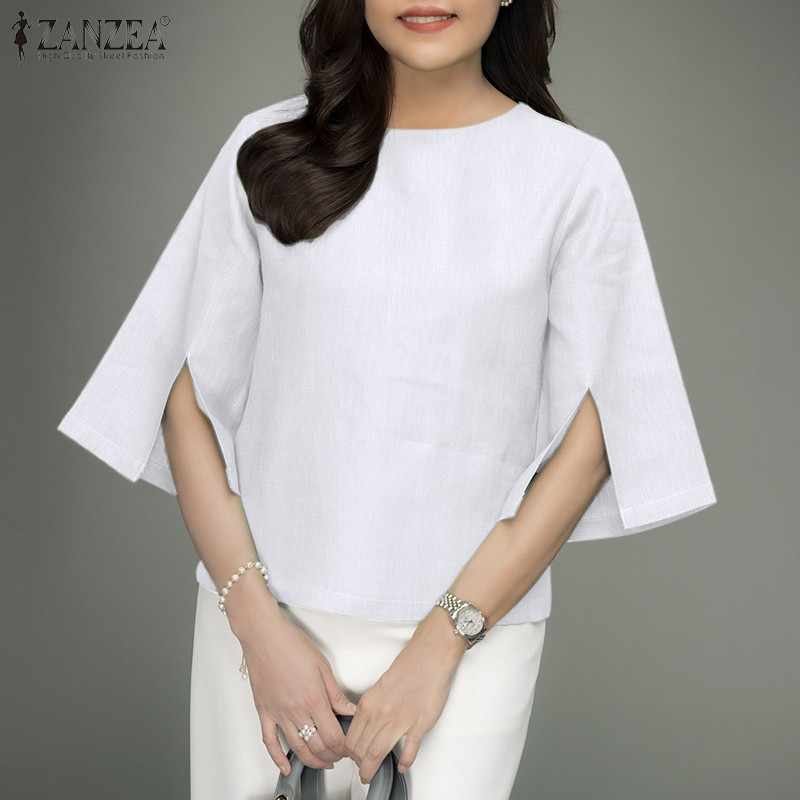 Zanzea เสื้อเบลาส์ลําลอง คอกลม แขน 3/4 ทรงหลวม สีพื้น สไตล์เกาหลี สําหรับผู้หญิง - รูปที่ 3