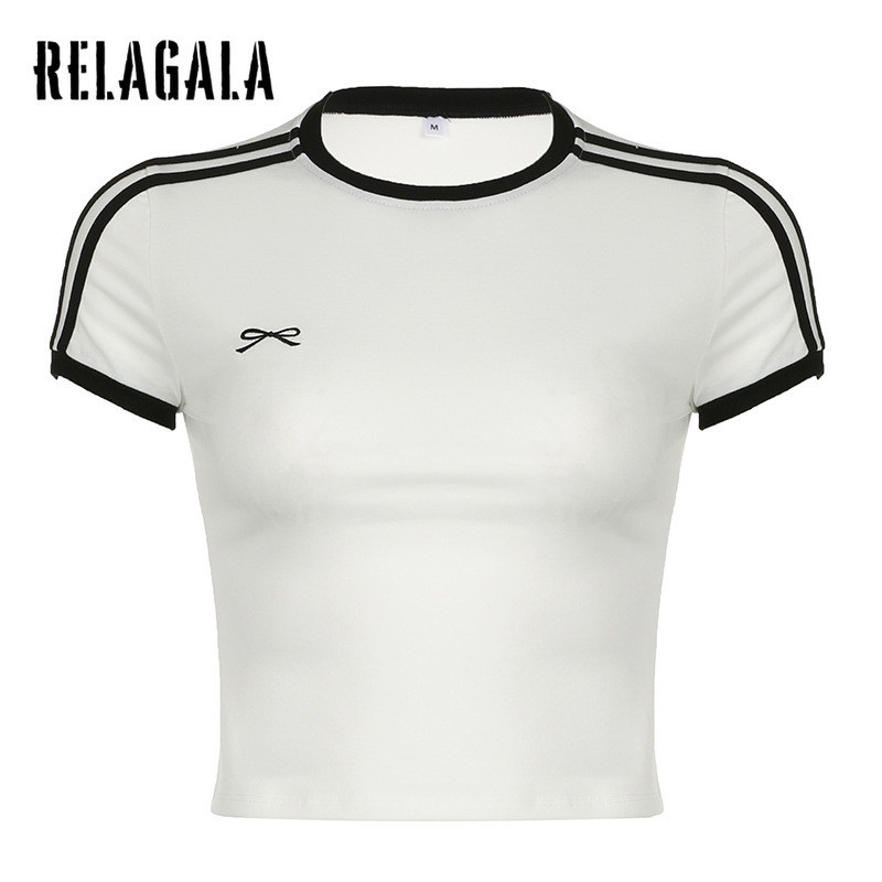Relagala เสื้อยืดแขนสั้น ปักลายโบว์ แนวสตรีท สําหรับผู้หญิง 2024
