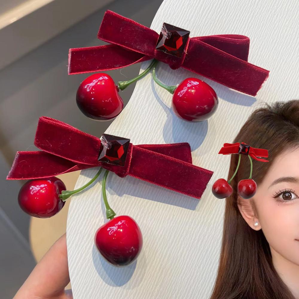 กิ๊บติดผม กํามะหยี่ สีแดง เชอร์รี่ - สําหรับเด็กผู้หญิง, ปาร์ตี้, ชีวิตประจําวัน - กิ๊บติดผม พระหวาน - เรซิน ผลไม้ โบว์ เครื่องประดับผม - กิ๊บติดผม กํามะหยี่ หรูหรา