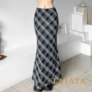 (จัดส่งในกรุงเทพฯ)Latata- กระโปรงยาว เอวสูง ลายสก็อต สไตล์วินเทจ สําหรับผู้หญิง