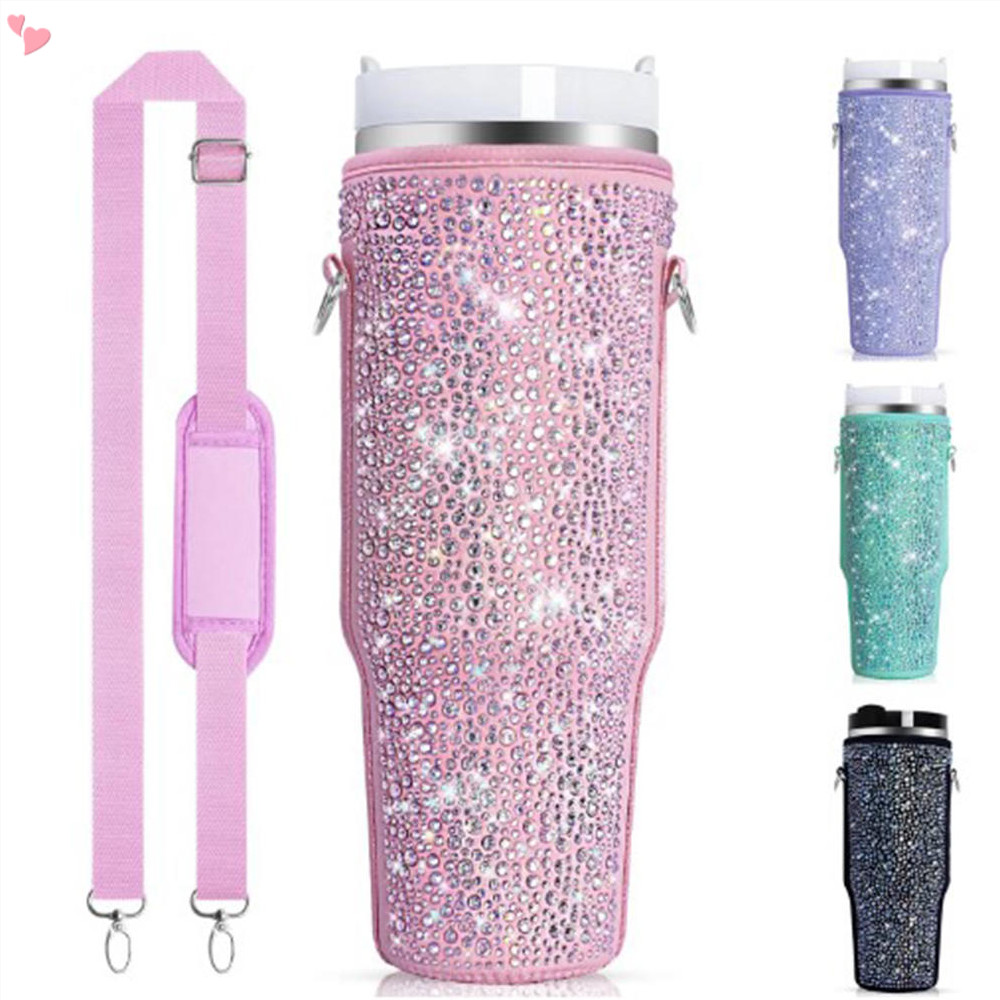 Bling ขวดน้ํา Carrier กระเป๋าสําหรับ Stanley Quencher H2.0 & Adventure 40 oz Tumbler พร้อมที่จับ, Neoprene ที่วางขวดน้ําพร้อมสายปรับได้สําหรับ Stanley ถ้วยอุปกรณ์เสริม