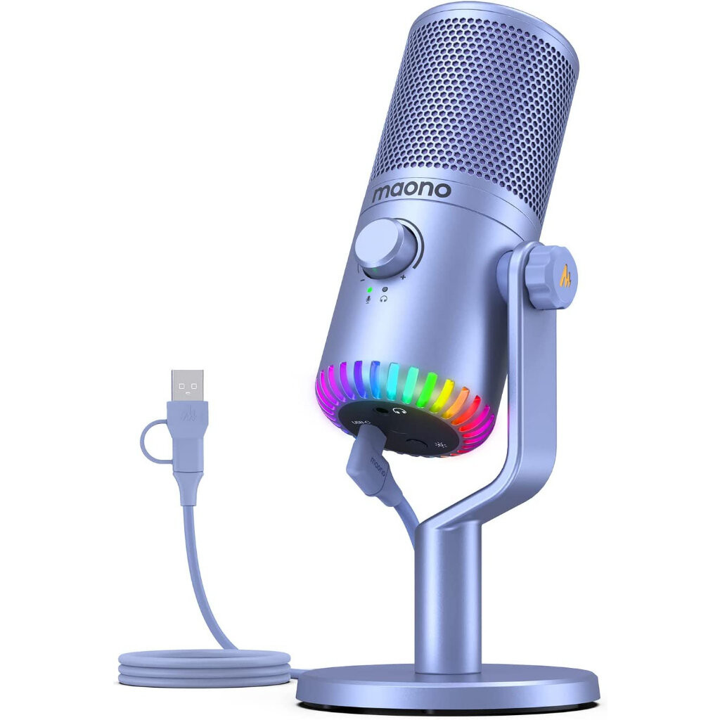 MAONO DM30 RGB Purple USB Condenser Microphone สําหรับ PC คอมพิวเตอร์ โทรศัพท์มือถือ เล่นเกม