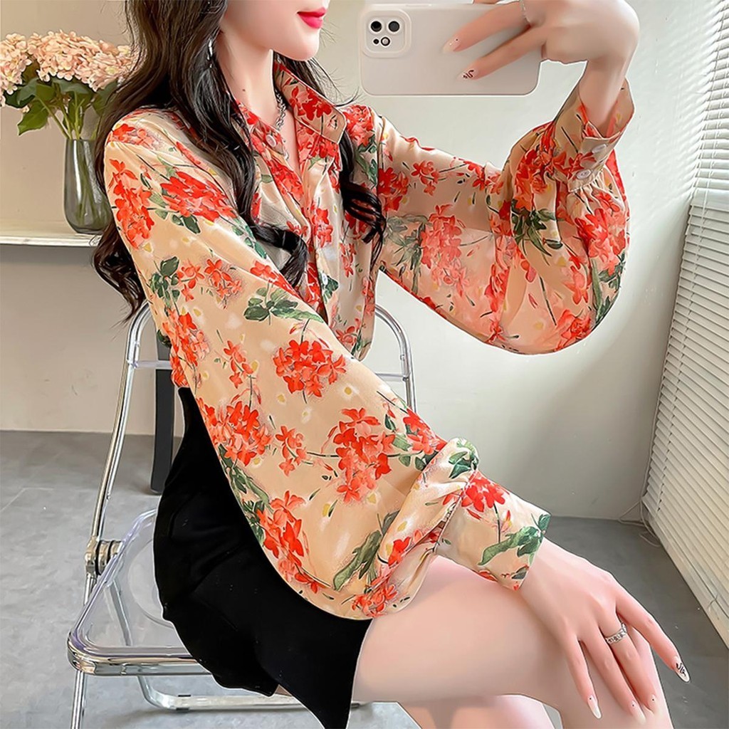 👚Anna👚W315❤️ เสื้อเชิ้ตแขนยาว ผ้าชีฟอง พิมพ์ลายดอกไม้ สําหรับผู้หญิง ผ้าบางใส่สบาย สีพาสเทลน่ารักมาก ผู้หญิง - รูปที่ 3