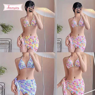 ชุดว่ายน้ำแฟชั่นเกาหลี เซ็ต3ชิ้น บิกินี่+ผ้าคลุม ลายดอกน่ารักๆ