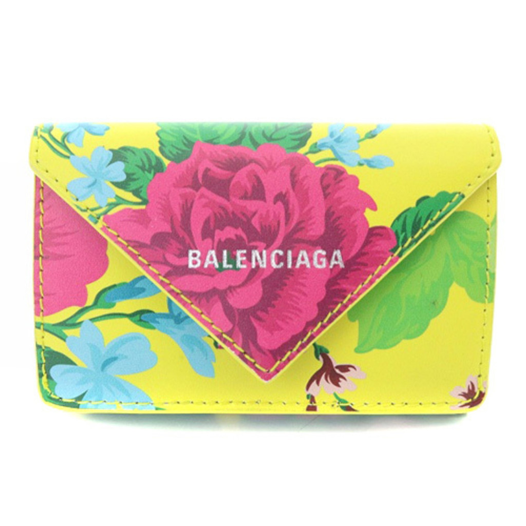 Balenciaga กระเป๋าสตางค์หนัง ลายดอกไม้ สีเหลือง ขนาดเล็ก มือสอง
