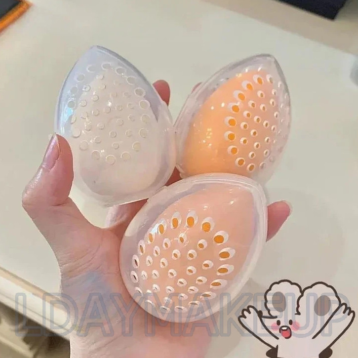 เดินทางแต่งหน้าฟองน้ําออแกไนเซอร์กล่องสีชมพูสีขาวไข่รูปร่างกล่องพลาสติกแป้งฟองน้ําความงามไข่ผู้ถือเครื่องสําอางเครื่องมือ
