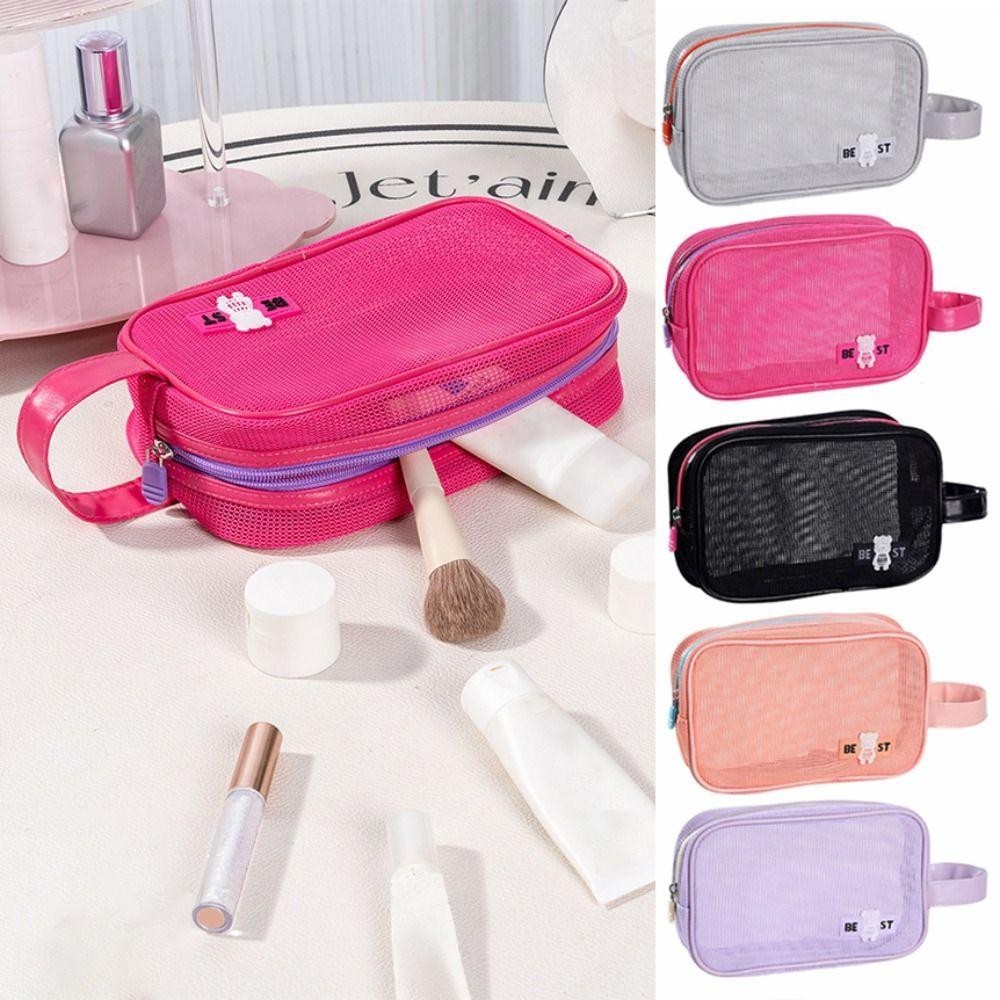 Uumir กระเป๋าแต่งหน้า, กระเป๋าเครื่องสําอางมีซิปความจุขนาดใหญ่, ตาข่ายแบบพกพาพร้อมที่จับถุงเก็บอุปกรณ์อาบน้ํา - รูปที่ 3