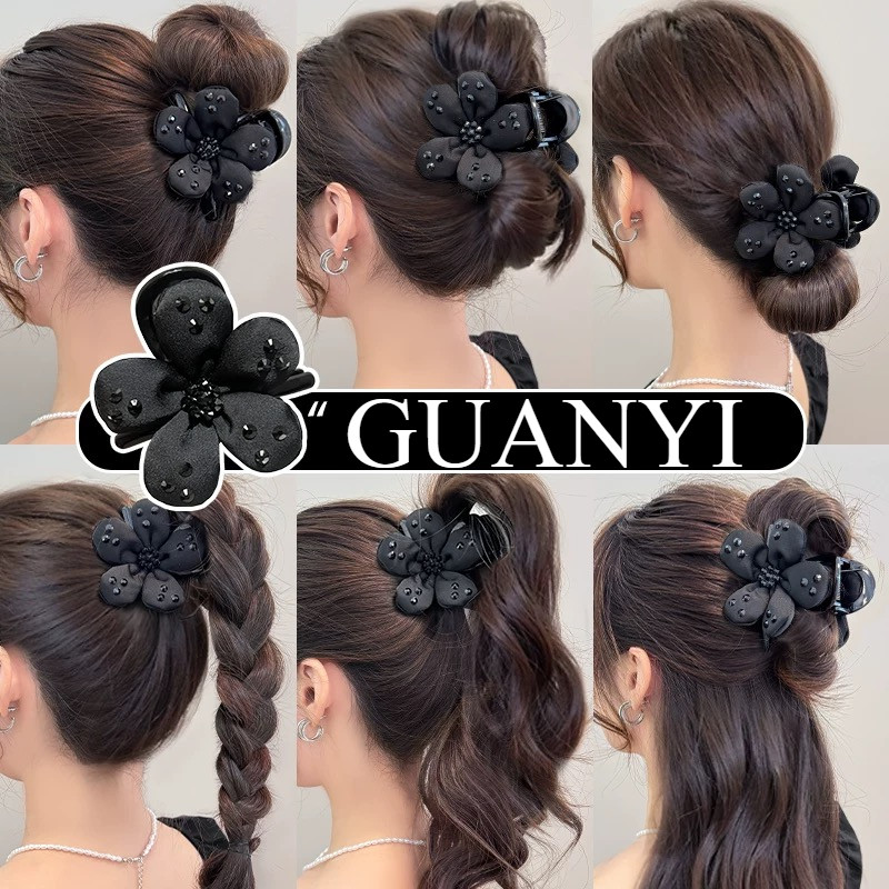 ดอกไม้สีดําคว้าคลิปหญิงผมหางม้าสูงกลับหัวหัวบอลผมฉลามคลิป