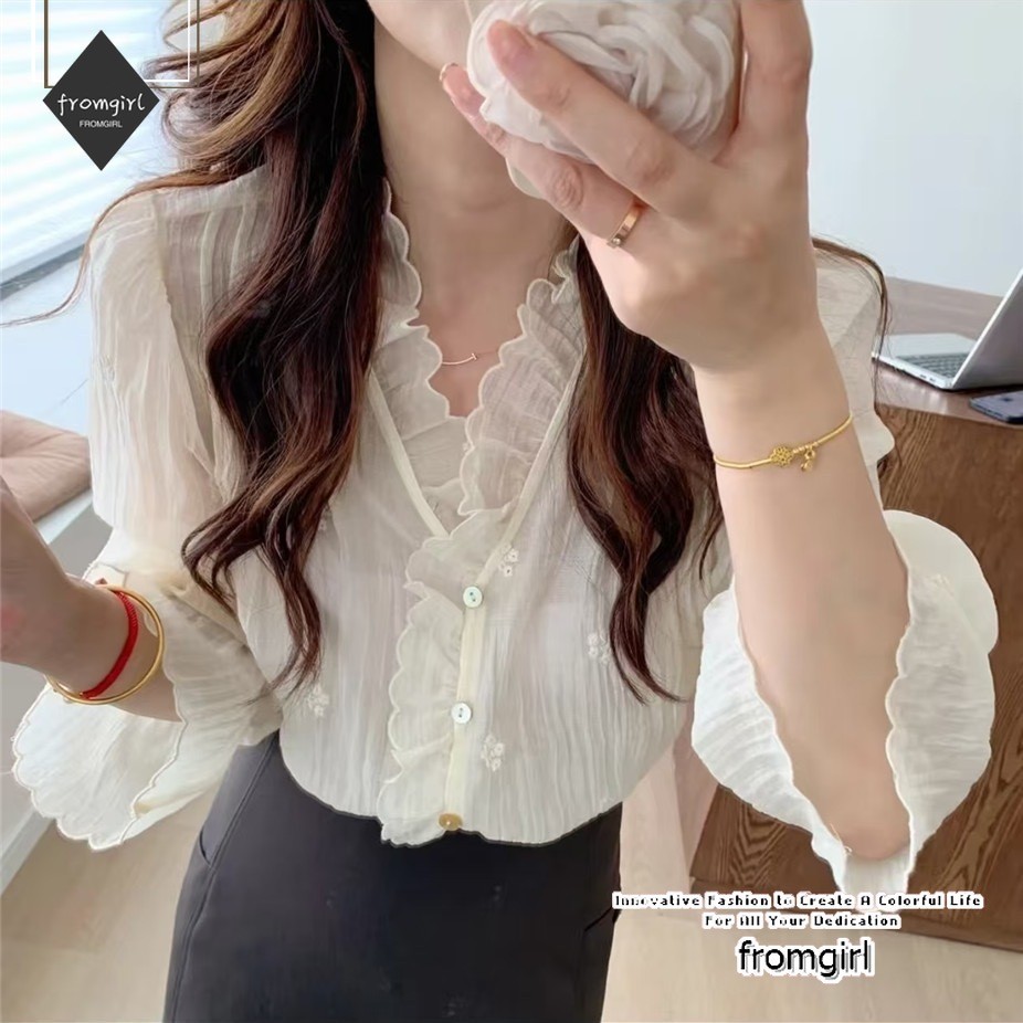 หวาน เสื้อพื้นลูกไม้คอวี เสื้อเชิ้ตแขนยาว