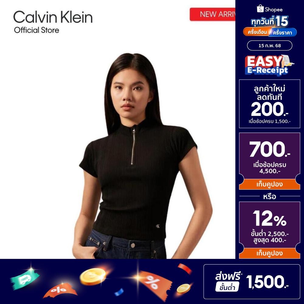 CALVIN KLEIN เสื้อยืดคอกลมแขนสั้นผู้หญิง Zip Closure ทรง Slim Fit รุ่น J223564 BEH - สีดำ