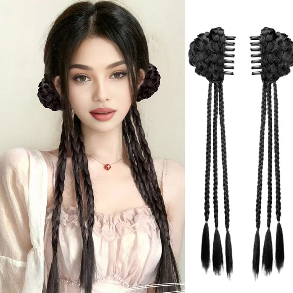 2ชิ้นวิกผมผมหางม้าคลิปต่อผมทอดแป้งบิดถักเปียใหม่สไตล์จีนอุปกรณ์ผมวิกผมสังเคราะห์มวยถักเปียผมหางม้าถักเปีย