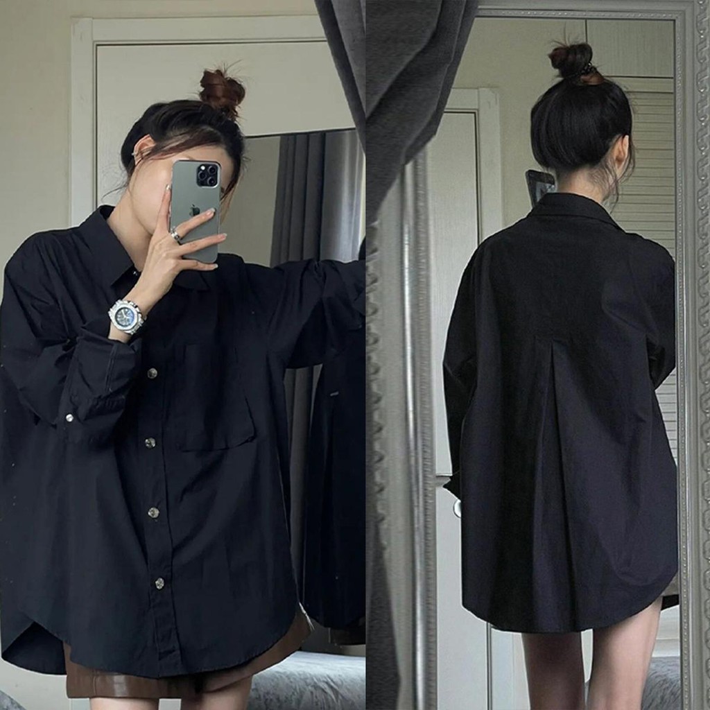 Lune_Grace -พร้อมส่ง- เสื้อเชิ้ตแฟชั่นผู้หญิง แขนยาวสีพึ้นทรงหลวม โอเวอร์ไซส์ สไตล์แฟนหนุ่ม BFเกาหลี w278