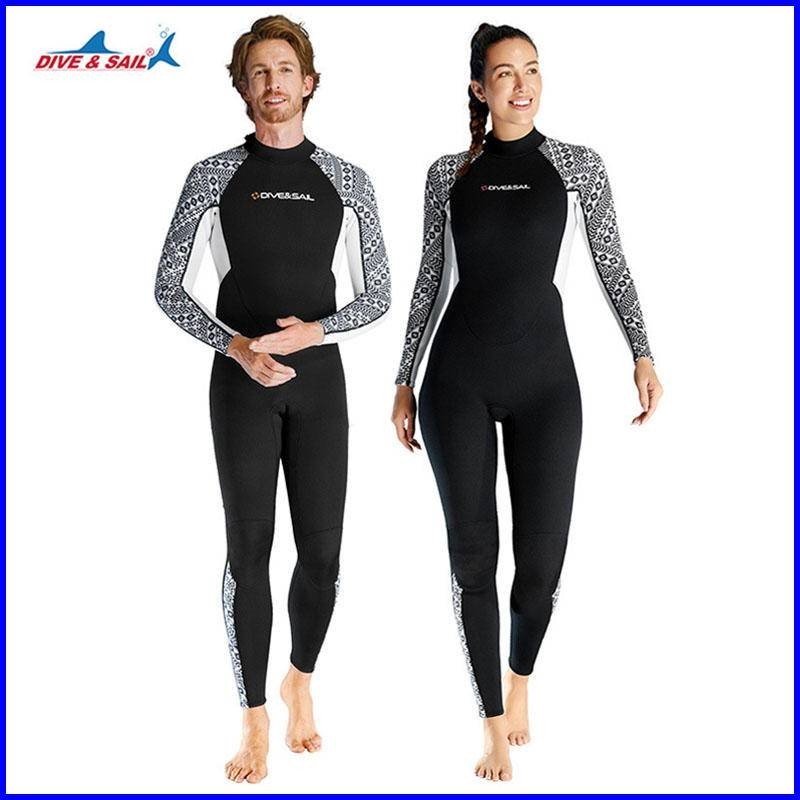 พร้อมสต็อก DIVE & SAIL 3 มม.ชุดดําน้ําผู้ชายผู้หญิง Neoprene ชิ้นเดียวครีมกันแดดที่อบอุ่นด้านหน้าเปิด/กลับเปิดซิปใต้วงแขนชิ้นเดียวตัดเสื้อดําน้ํากลางแจ้ง