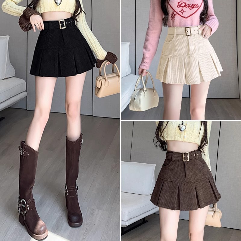 Chic พร้อมส่ง  กระโปรงเทนนิส  จีบใหญ่ Y2K  ซิปด้านหน้า กระเป๋าสองข้าง แถมเข็มขัดปรับขนาด อะไหล่ทอง