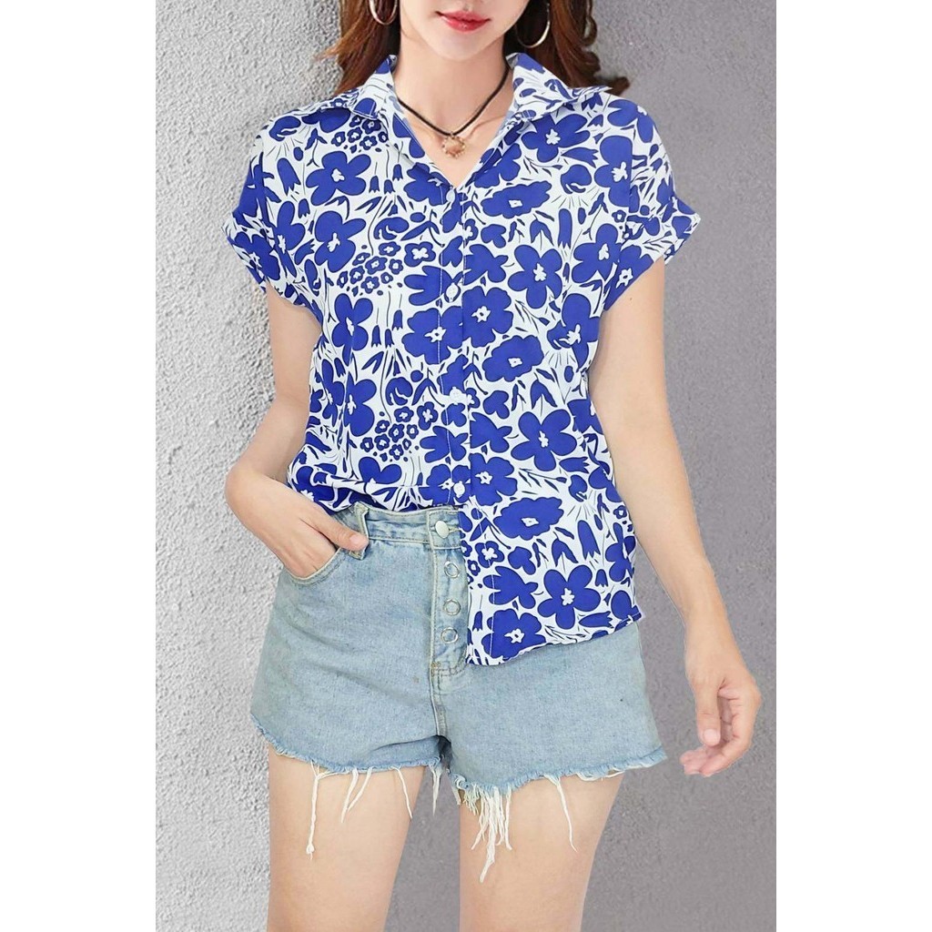 เสื้อเชิ้ตผู้หญิง Hawaii shirt ผ้าไหมอิตาลี แขนเบิ้ล ใส่ทำงาน ผ้าลายชบา ใส่สบายทรงสวย