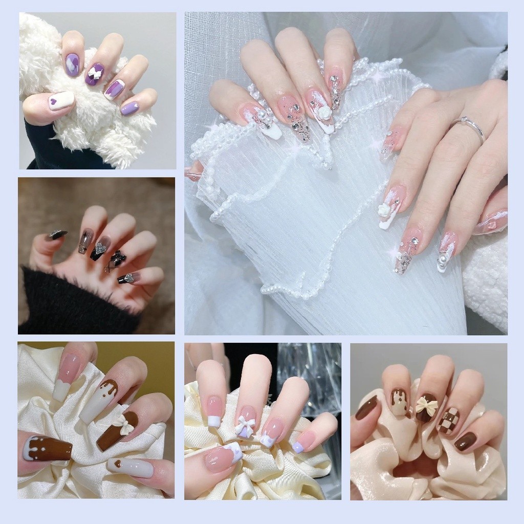 yukehui แผ่นแปะเล็บปลอมแบบยาวและสั้น24ชิ้นในกล่องฟรีกาวและตะไบ