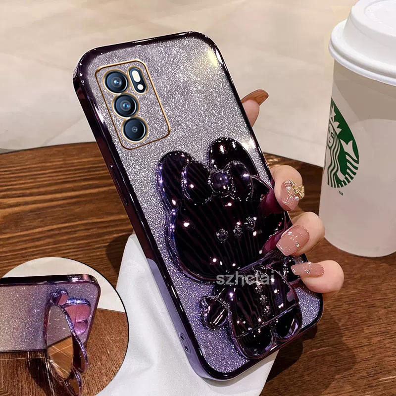 เคส OPPO RENO 6 5G RENO 6Z 5G กลิตเตอร์ วิบวับ ชุบไฟฟ้า ขอบตรง แมวน่ารัก ขาตั้ง เคสโทรศัพท์ เลนส์เต็มรูปแบบ เคสนิ่ม OPPO RENO 6 5G RENO 6Z 5G