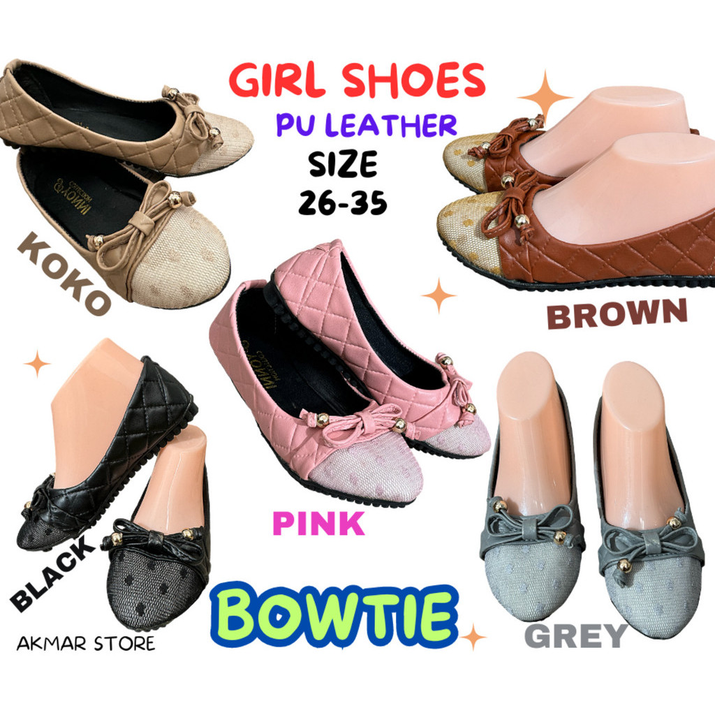 รองเท้า BUDAK PEREMPUAN, BOWTIE GIRL, SIZE 26-35, 2 YRS KE ATAS, หนัง PU, รองเท้า ANTISLIP, รองเท้า 