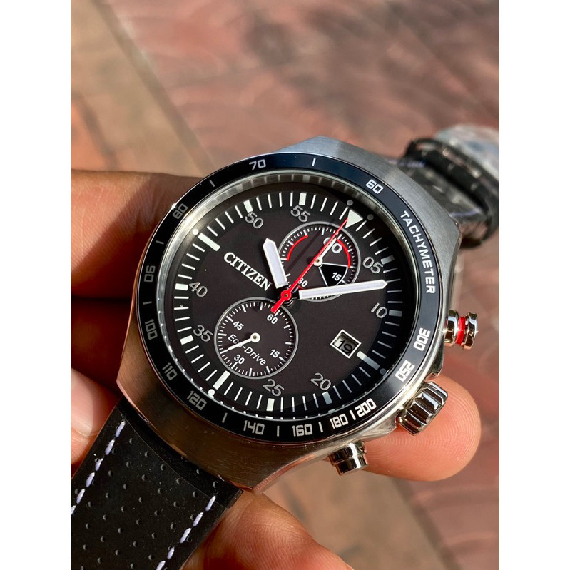 นาฬิกาข้อมือ Citizen Eco Drive Black Dial Leather Strap Chronograph Men's Watch CA7010-19E