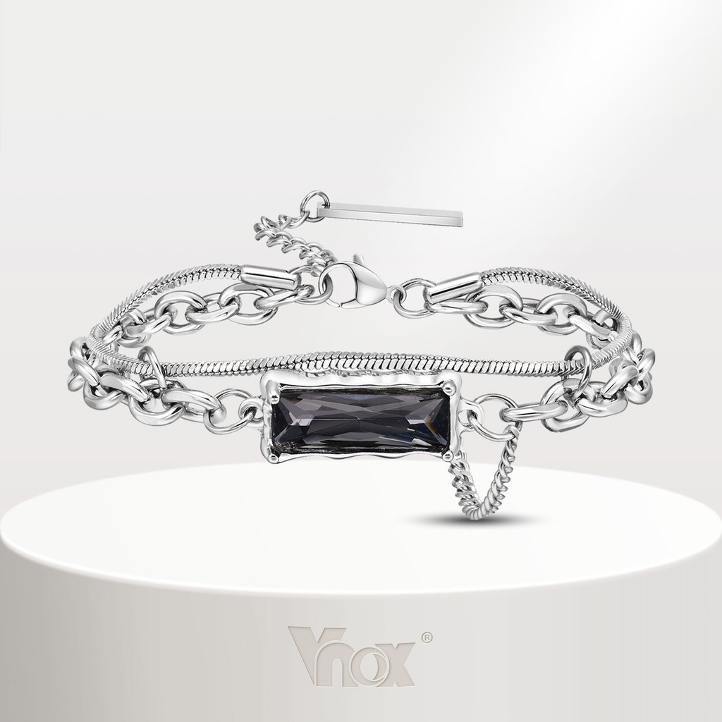 Vnox สร้อยข้อมือสเตนเลส จี้เรขาคณิต หินงู สีเงิน เครื่องประดับแฟชั่น สําหรับผู้ชาย