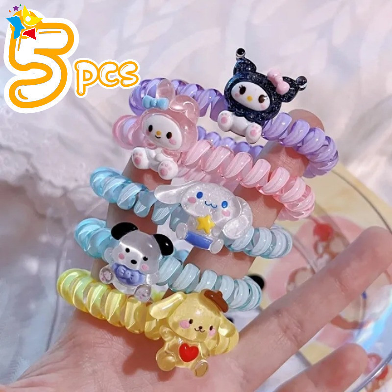 SANRIO ยางรัดผม แบบเกลียว ลายการ์ตูน Cinnamoroll Kuromi Melody น่ารัก เครื่องประดับ สําหรับผู้หญิง 1 5 ชิ้น