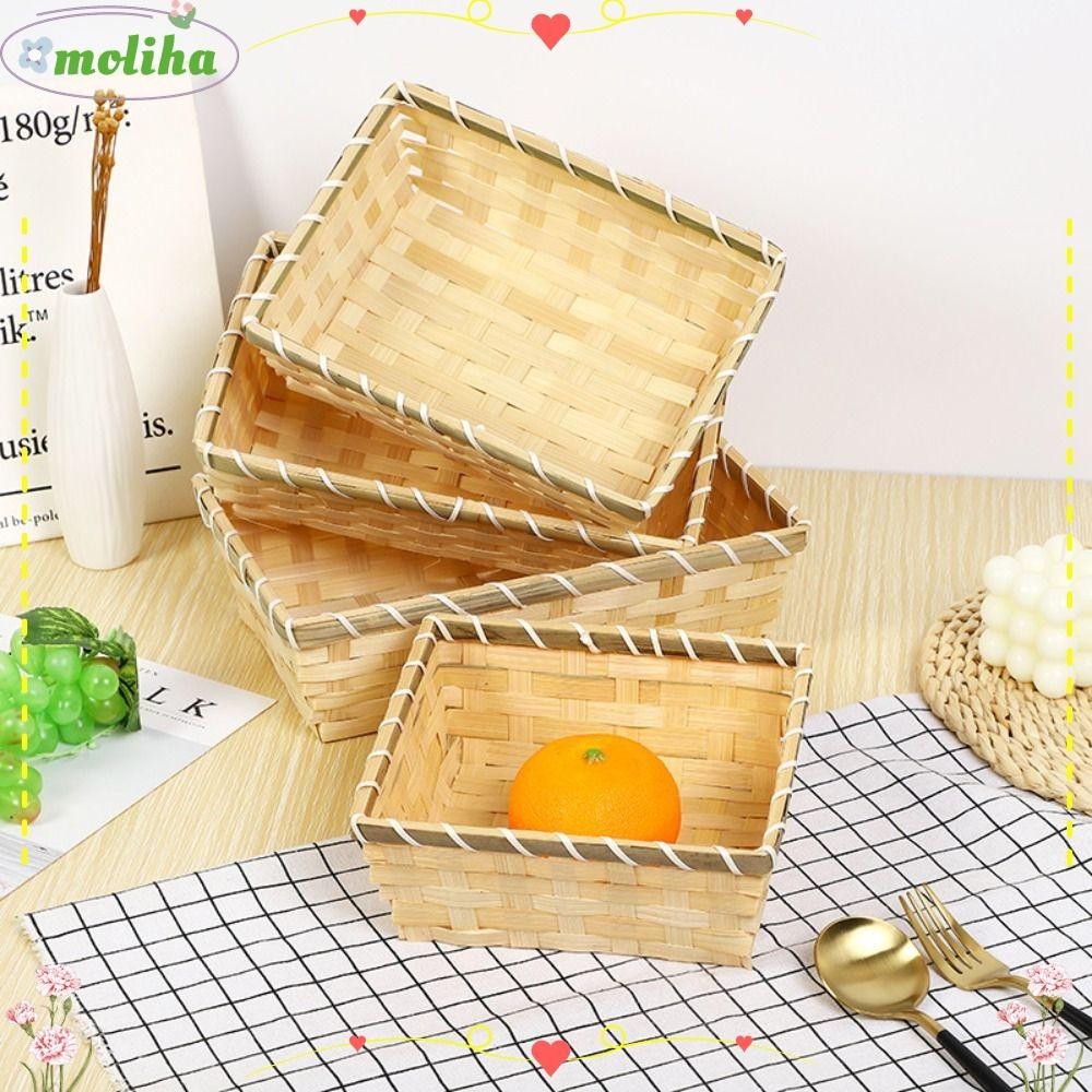 Moliha ตะกร้าไม้ไผ่สาน ทรงสี่เหลี่ยมผืนผ้า แฮนด์เมด สีธรรมชาติ สําหรับใส่ขนมปัง ไข่