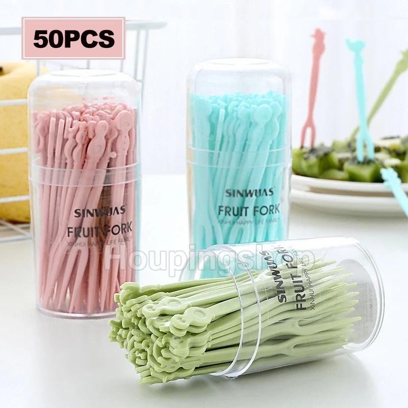 ส้อมจิ้มผลไม้ ขนาดเล็ก ลายการ์ตูนน่ารัก แบบใช้แล้วทิ้ง 50 ชิ้น