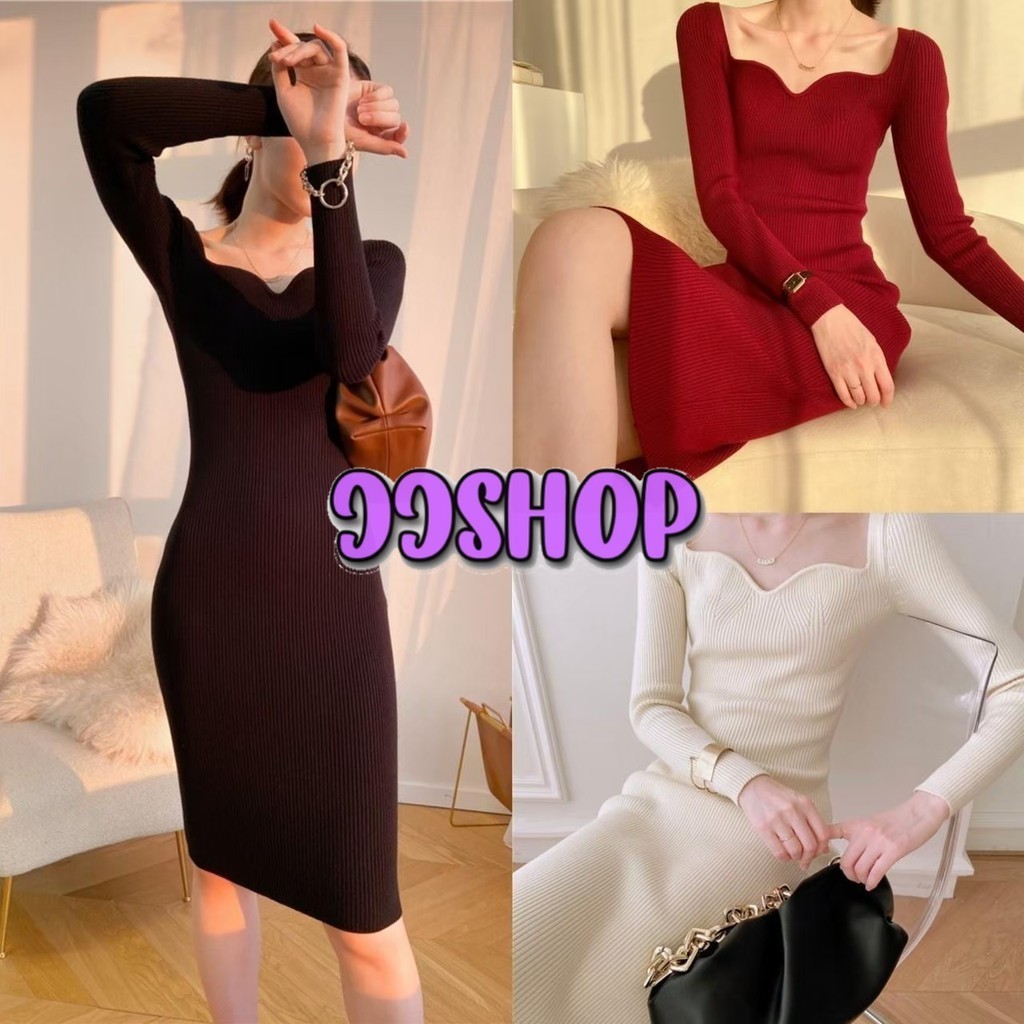 JJ Shop​ ​พร้อมส่ง ชุดเดรสไหมพรมผ้าร่อง แขนยาวคอรูปหัวใจ "BK379" -C