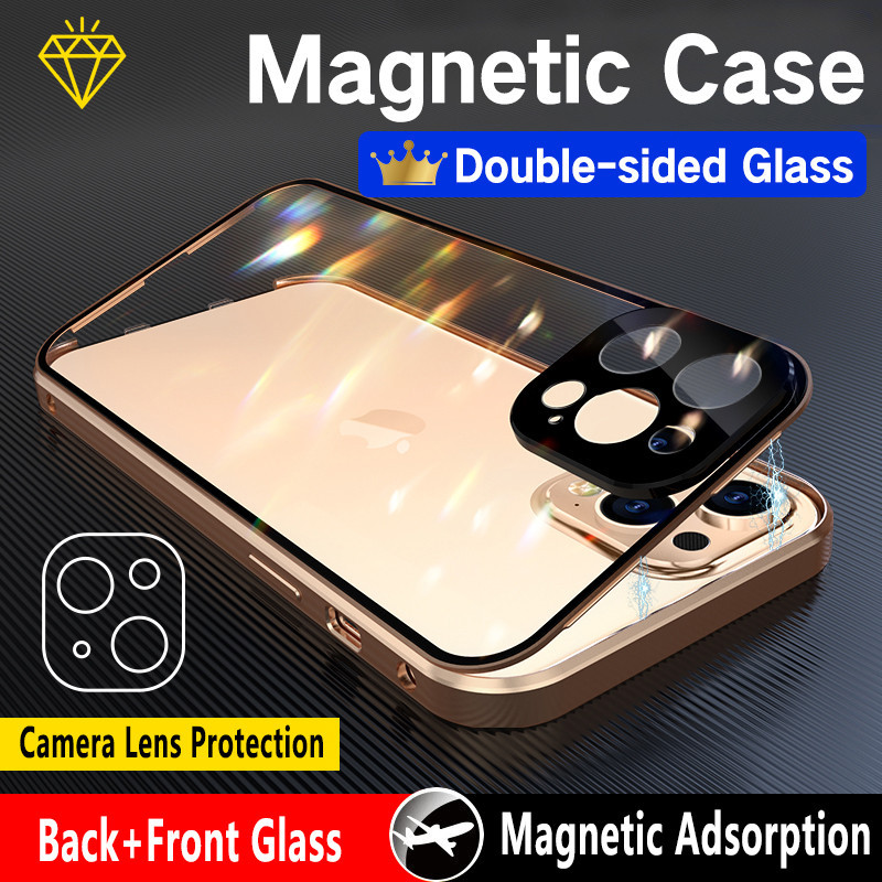 เคสโทรศัพท์มือถือกระจก แม่เหล็ก สองด้าน 360 องศา ป้องกันเลนส์กล้อง สําหรับ iPhone 13 12 Mini 11 14 Pro Max