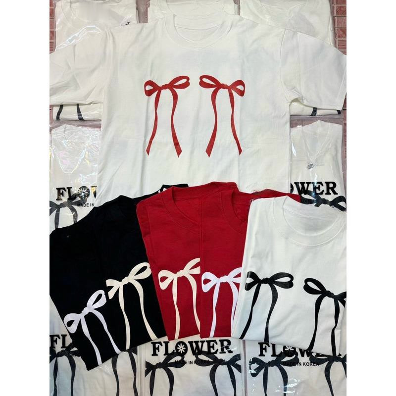 [ส่งจากโรงงาน]ออก24ชั่วโมง OOOK เสื้อยืดโบว์คู่ เนื้อผ้าคอตตอนแท้ 100%