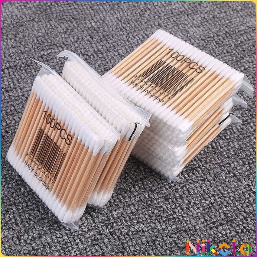 Nikola สำลีก้านด้ามไม้  หัวคู่คัตเติ้ลบัต สำลีแบบไม้  1 แพ็ค บรรจุ 80 ก้าน Cotton swab