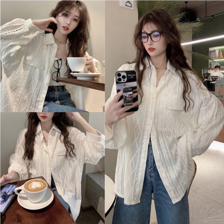 KaeKai พร้อมส่ง เสื้อไหมพรมแขนยาว คอปก งามผ้าปัก ดีเทลกระดุมหน้า มีกระเป๋า1ข้าง
