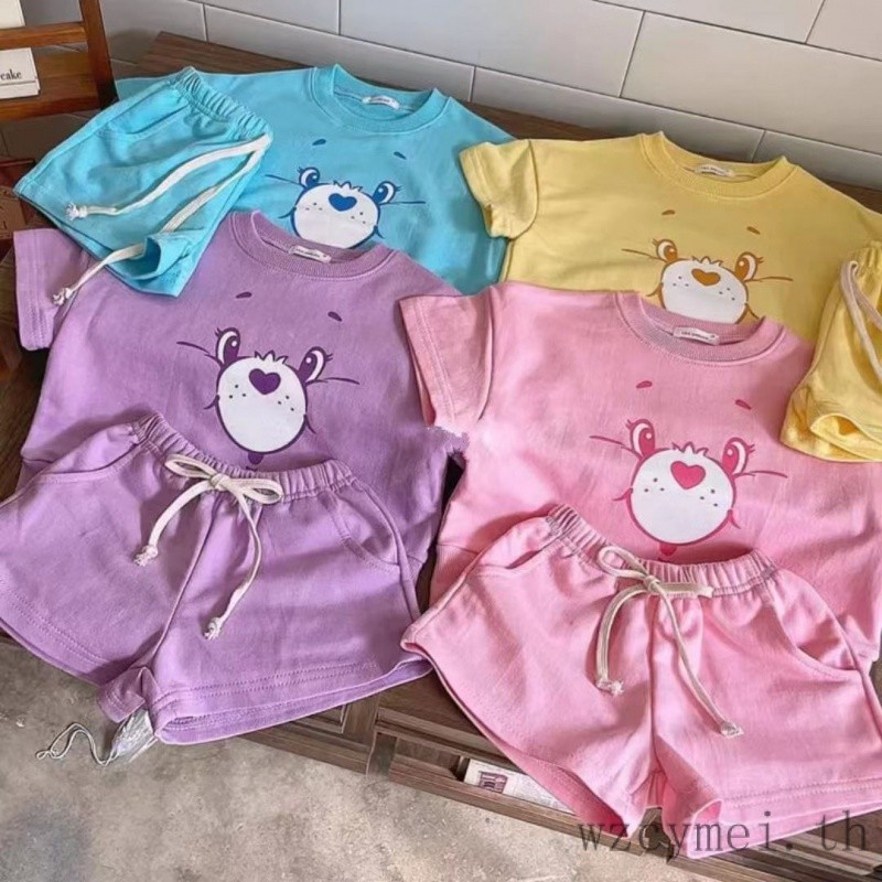 【พร้อมส่ง】ชุดแคร์แบร์/ ชุดเซท เสื้อแขนสั้น กางเกงขาสั้น Care Bear เหมาะสำหรับสาวๆชุดสูท ลายการ์ตูนหน