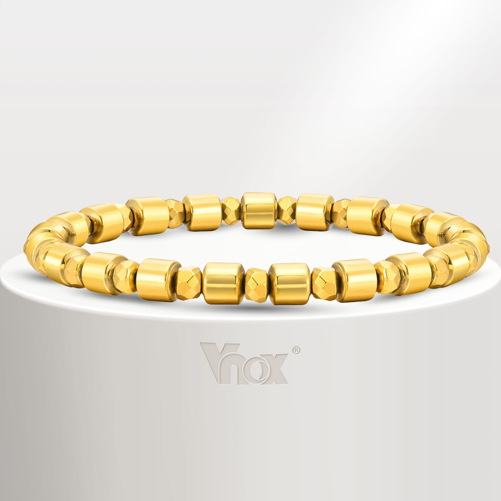 Vnox สร้อยข้อมือ ประดับลูกปัด ทรงเรขาคณิต สีทอง สีดํา สําหรับผู้ชาย