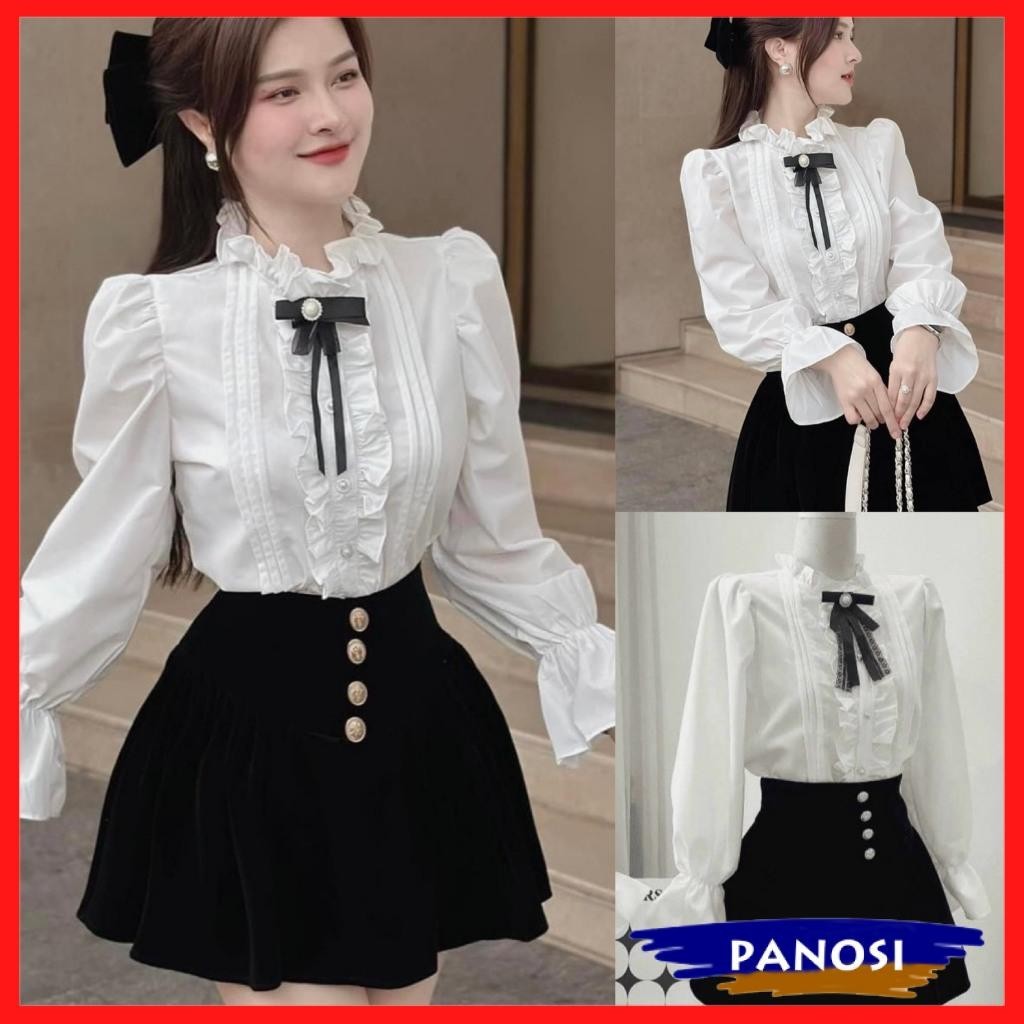 เสื้อคอปกระบายมีระดับของผู้หญิงผูกโบว์สวยหรู ก97 ปาโนซี