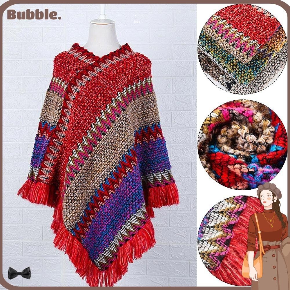 Bubble เสื้อปอนโช มองโกเลีย ฤดูหนาว อบอุ่น ลายทาง ผ้าคลุมไหล่ พู่ เสื้อคลุม ซ้อนทับ สไตล์ชนเผ่า โพลีเอสเตอร์ถัก ห่อแฟชั่นผู้หญิง