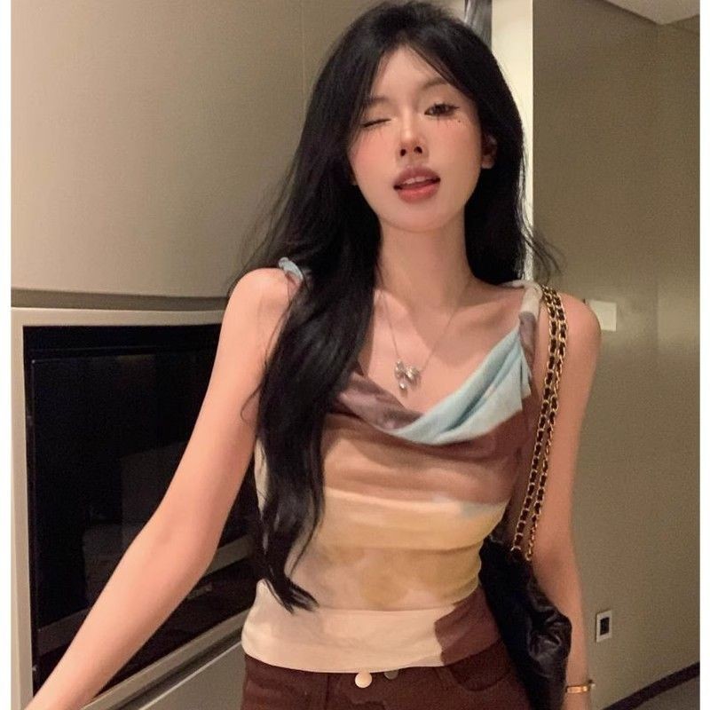 เสื้อสายเดี่ยว ผ้ายืด แบบเข้ารูป สีมัดย้อม แฟชั่นฤดูร้อน สไตล์ฝรั่งเศส สําหรับผู้หญิง