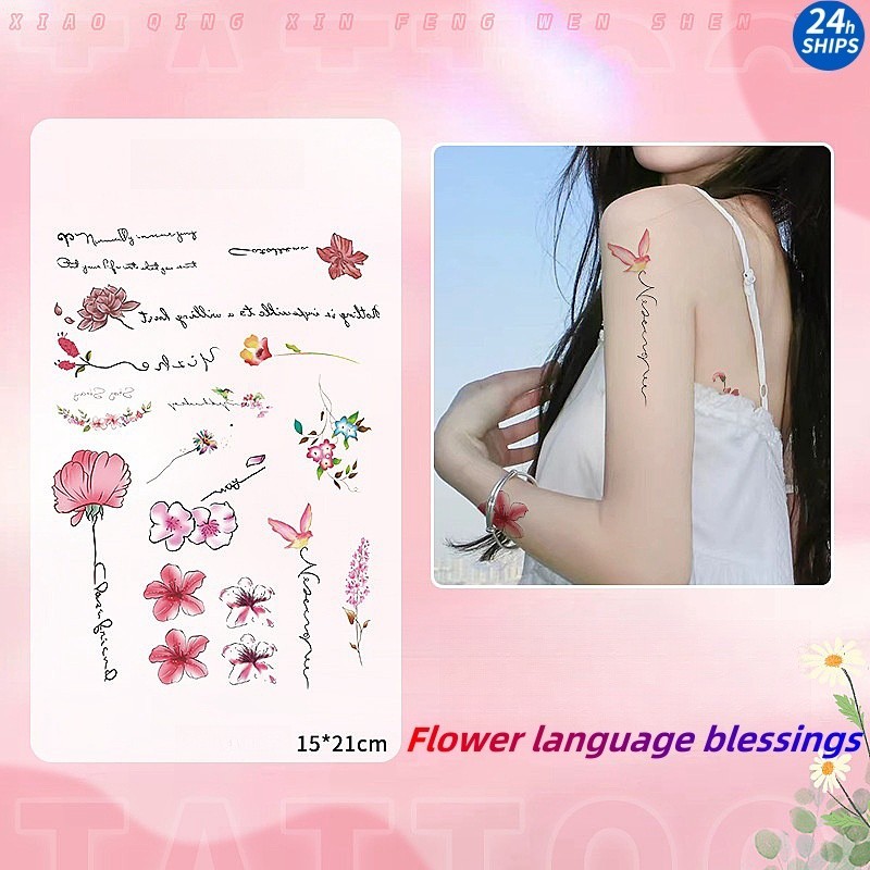สติกเกอร์รอยสักชั่วคราว ลายตัวอักษร และดอกไม้ กันน้ํา ติดทนนาน 7 วัน