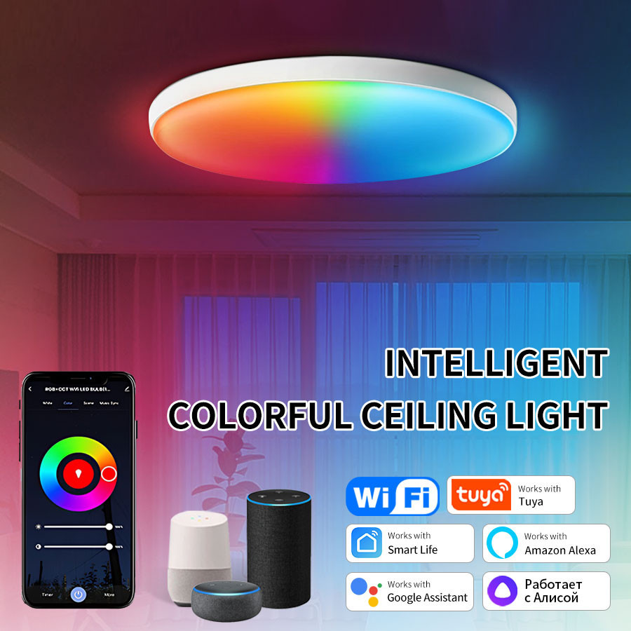 Tuya WiFi Smart ไฟเพดาน LED 220V หลอดไฟเพดาน RGB Dimmable โคมไฟเพดานรอบบลูทู ธ การสนับสนุนบ้านอัจฉริยะ Alexa Google Home