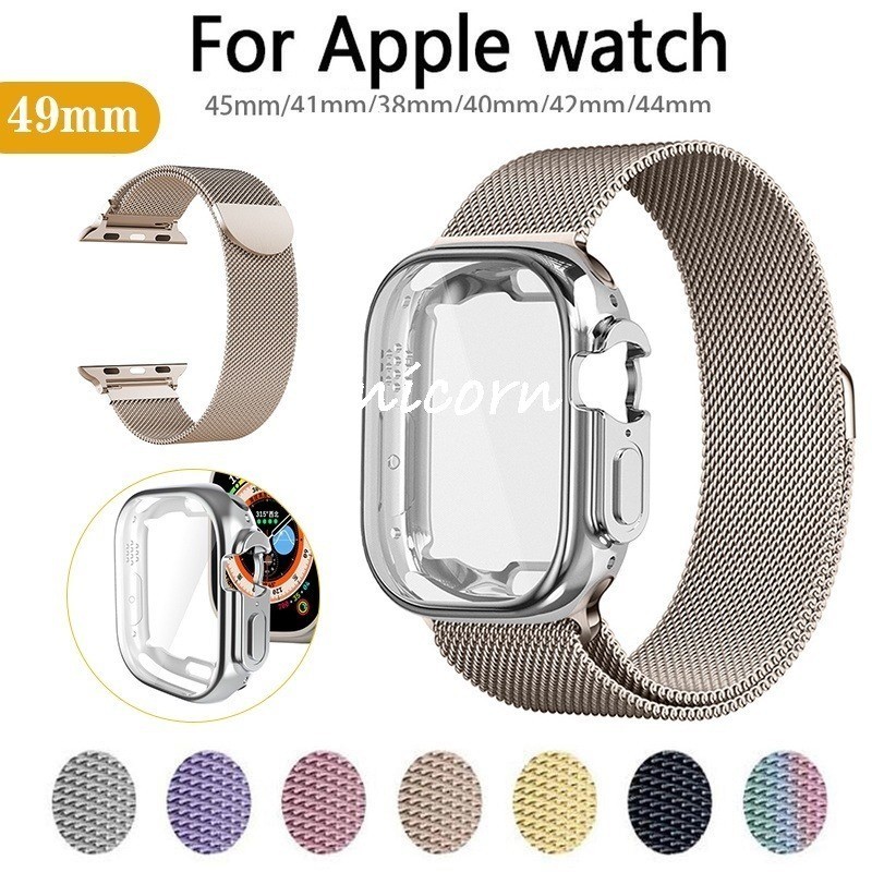 สาย Milanese + TPU สําหรับ Apple watch 10 9 8 7 41 มม.45 มม.Ultra/2 49 ผู้ชายผู้หญิงสร้อยข้อมือโลหะสําหรับ iWatch 6 5 4 3 SE 46 44 40 42 มม.