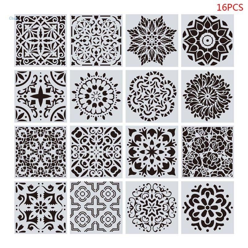 Chua แผ่นแม่แบบ ลายฉลุแมนดาลา สําหรับตกแต่งผนังบ้าน กระเบื้องไม้ DIY 16 ชิ้น