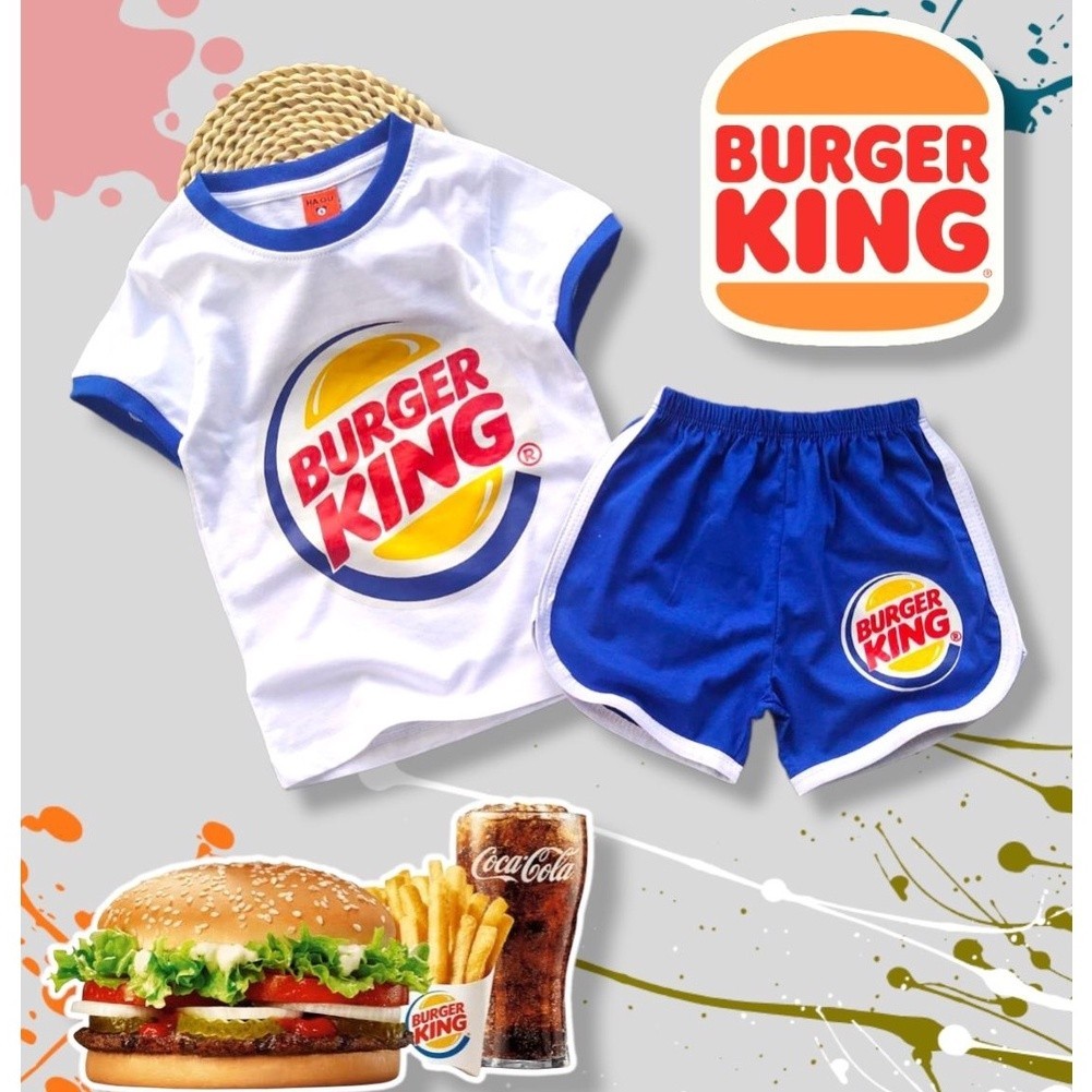 B001 ชุดเซ็ตเด็ก ชุดนอนเด็ก งานสกรีน ลายโลโก้สินค้า เบอร์เกอร์คิง (เสื้อยืดแขนสั้น+กางเกงขาสั้น) แฟชั่น ชุดเด็ก-1ชุด