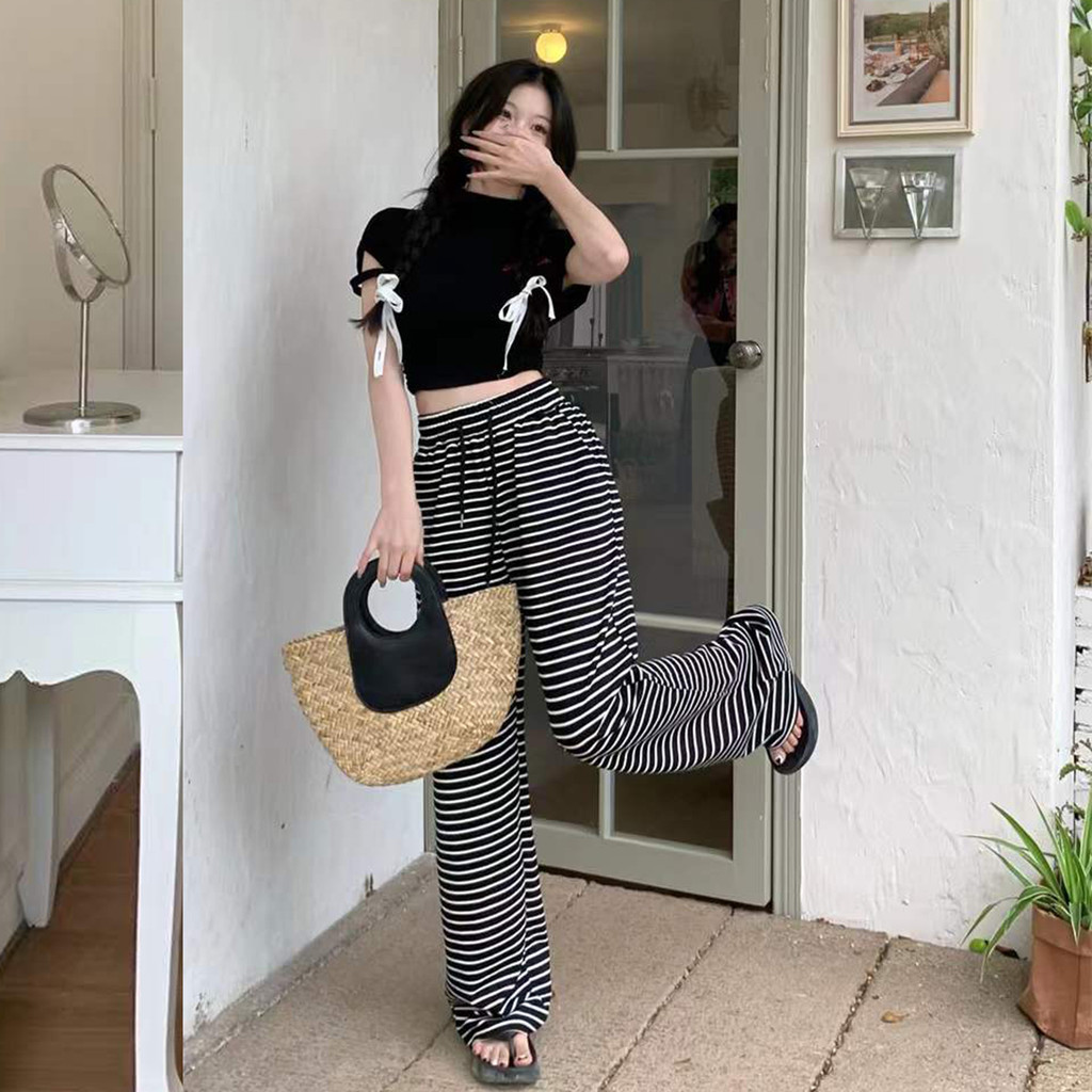 กางเกงแบบเกาหลีสไตล์นอนหยิก ลายลายขาวดำ ผ้านิ่มละมุน สไตล์เท่เพื่อความสะดวกสบายในการสวมใส่ - รูปที่ 4