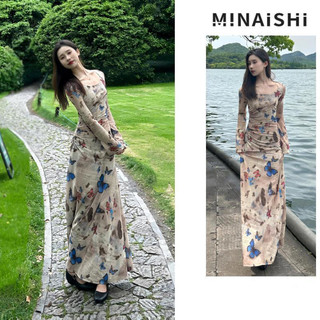 Nop | Retro Butterfly Printed Gauze Long Dress Women's Holiday Style Wear Irregular Design Long Sleeve Dress