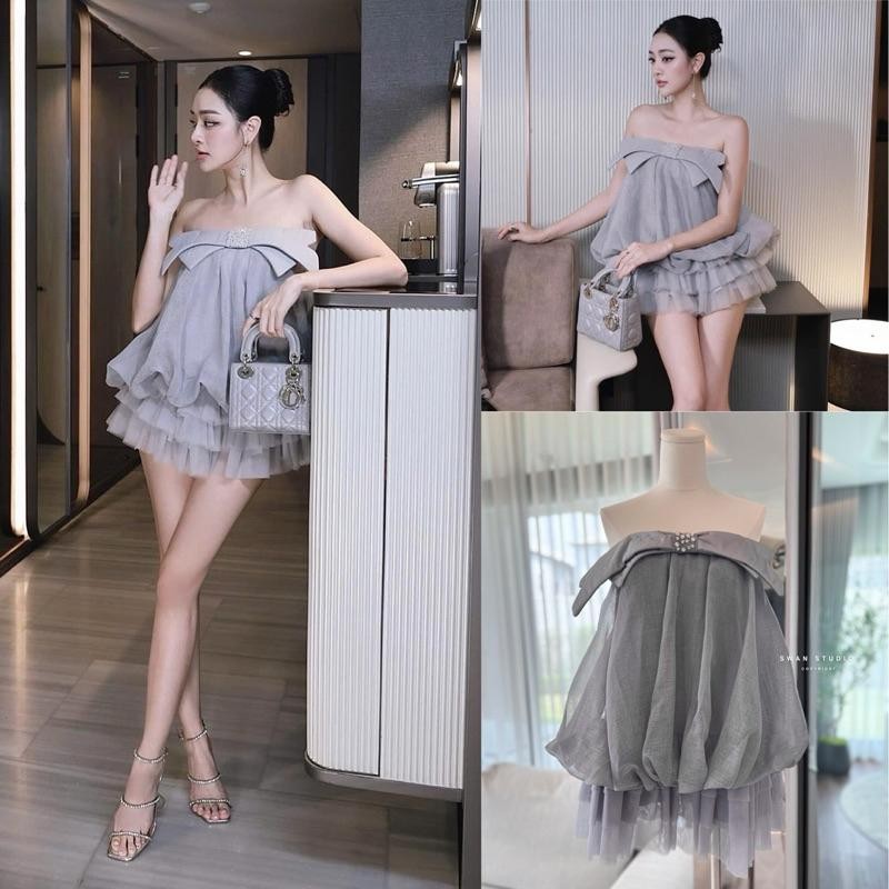 PK. (พร้อมส่ง) มินิเดรสเกาะอกสีเทา ชุดไปงานสีเทา งานป้าย Swan236 PK.shop