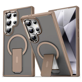 สําหรับ Samsung Galaxy S26 S25 S24 Plus S26 Ultra S25FE S24FE โลหะหรูหราเลนส์ Flip Bracket เคสโทรศัพท์แม่เหล็กโปร่งแสง Matte กันกระแทก Hard อะคริลิคฝาครอบ